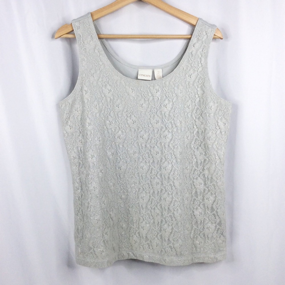 Chicos 2 Lace Front Camisole Tank Top Women's Size Large 12 Gray Stretch